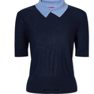 STAUD Acorn short sleeve sweater. Navy blue with contrast collar. Size small